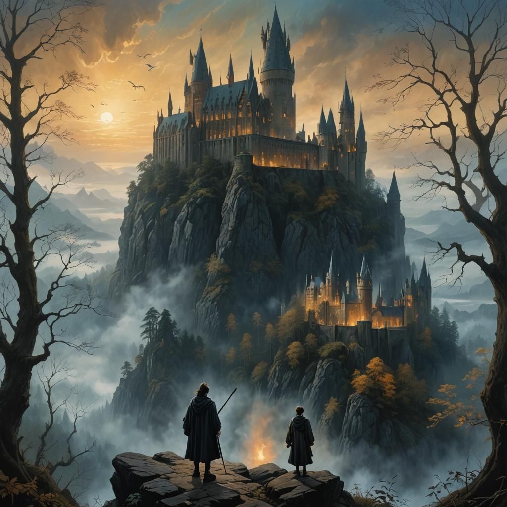 Mystical Hogwarts Forest at Sunset in Matte Painting Style