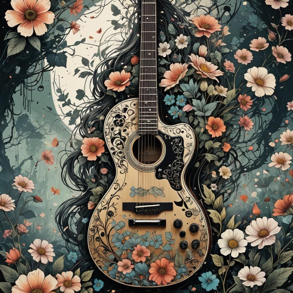 Floral Guitar in Neo-Victorian Collage Art