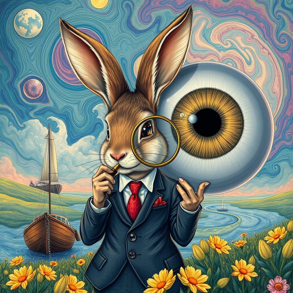 Rabbit Detective in Psychedelic Spring Landscape