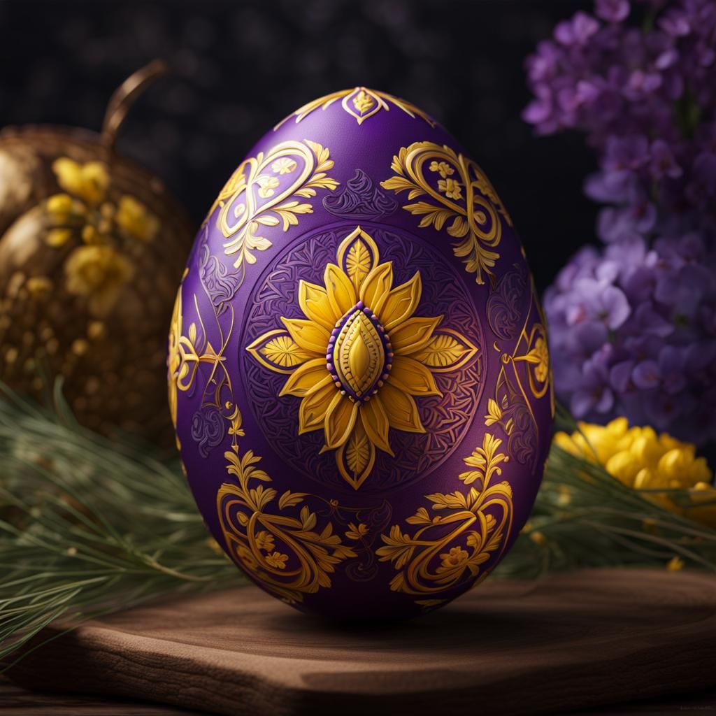 Detailed Purple and Yellow Ukrainian Pysanka in Matte Style