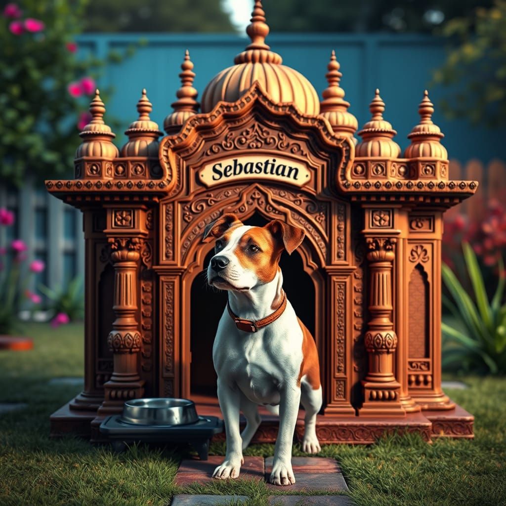 Jack Russell Dog at Taj Mahal Doghouse, Hyperrealistic Style