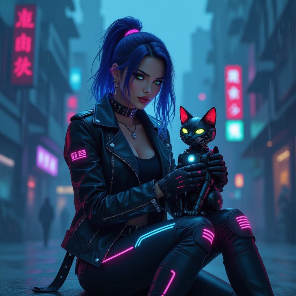 Cyberpunk Witch with Robotic Cat in Neon Cityscape