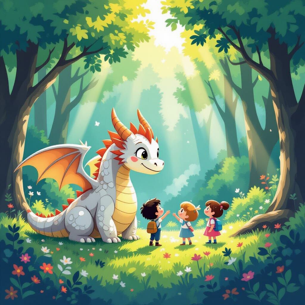 Children Playing with Dragon in Enchanted Forest