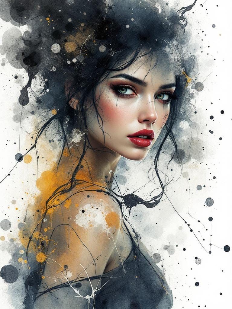 Persian Pin-Up in Whiskey-Splatter Watercolor Style