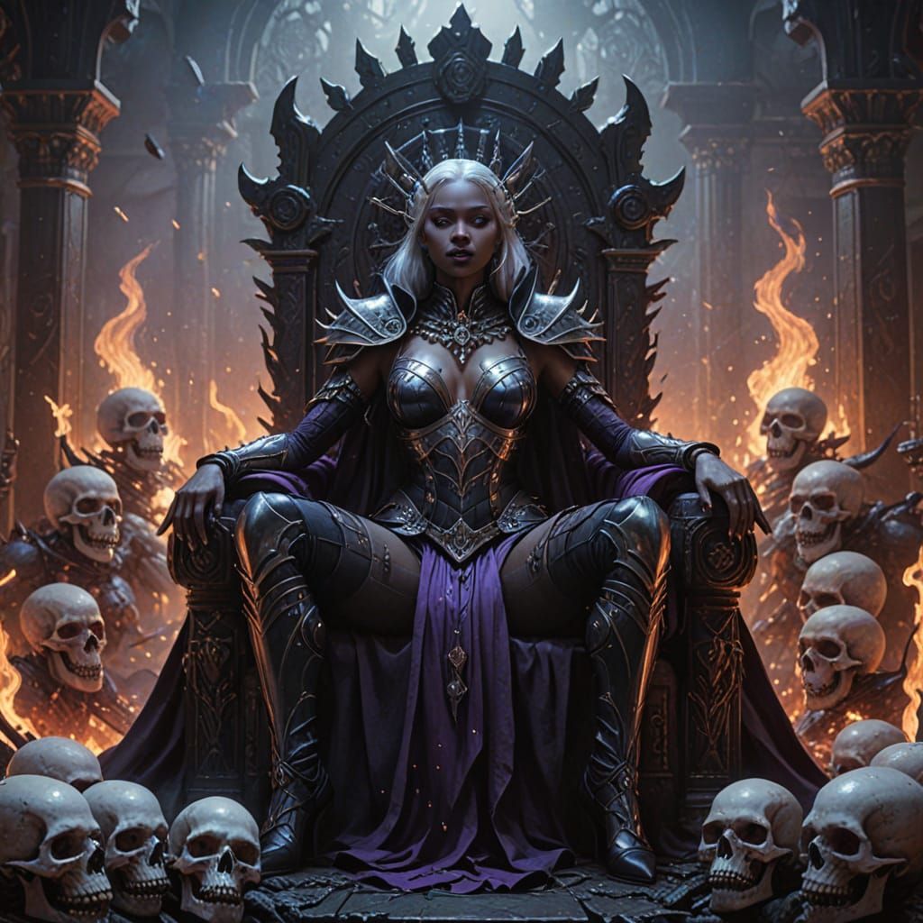 Drow Warrior Queen on Skull Throne: Dark Fantasy Art