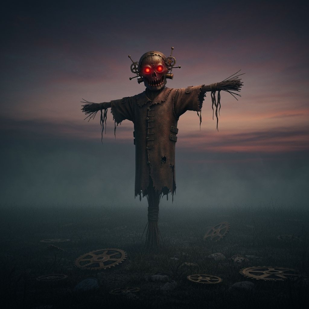 Steampunk Scarecrow in Foggy Field