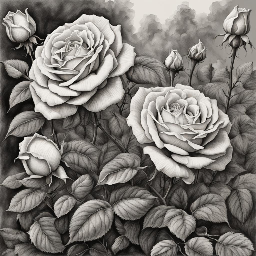 Elegant Hyperrealistic Ink Sketch of Hypernaturalistic Roses