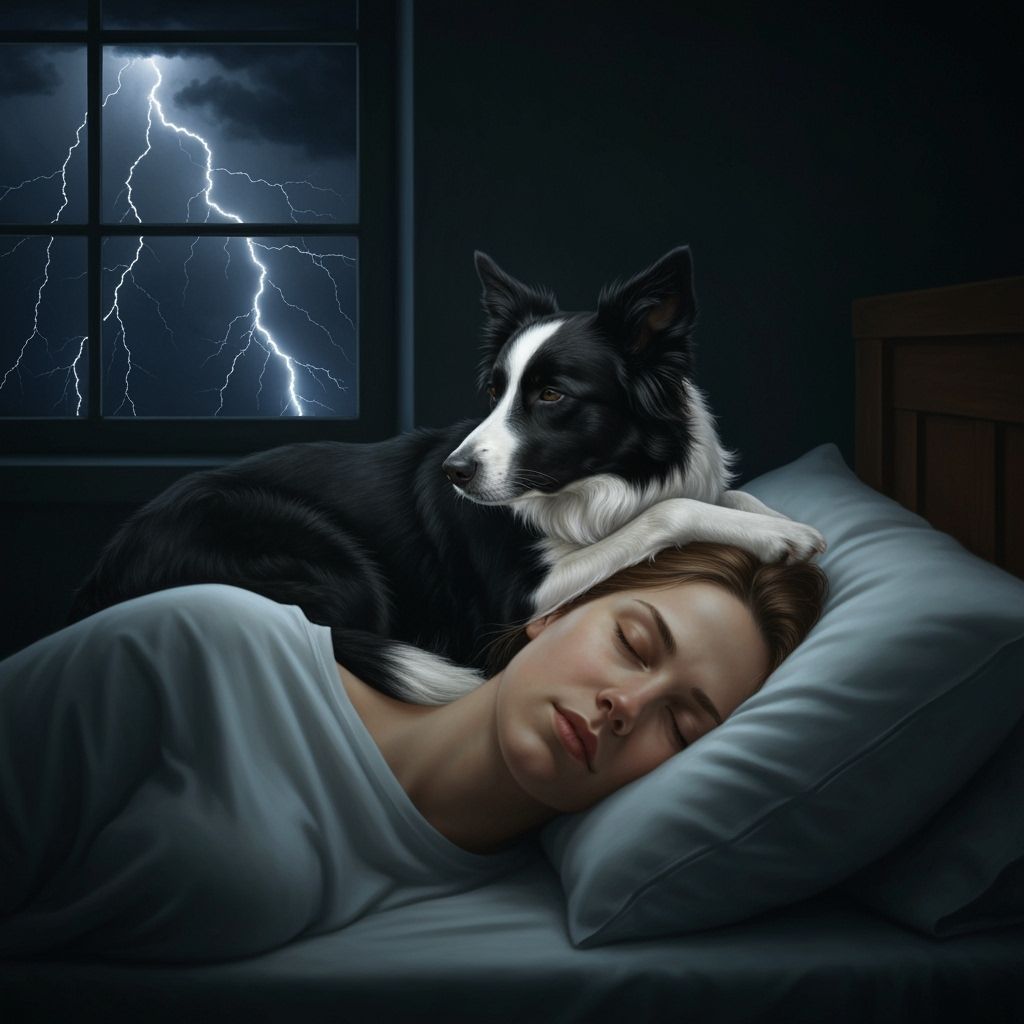 Chiaroscuro Oil Painting of Dog on Sleeping Woman's Head