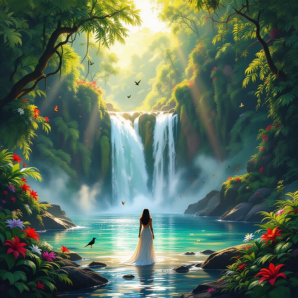 Hidden Waterfall in Jungle, Surreal Digital Art