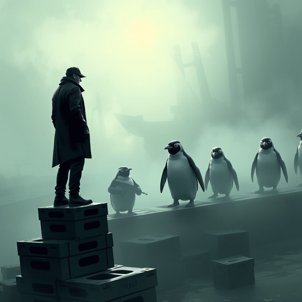 Futuristic Spy Confronts Elite Commando Penguins in Foggy Do...