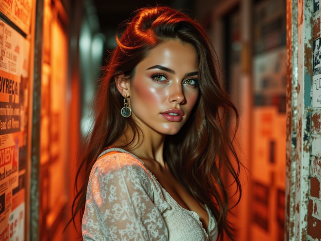 Alluring Woman in Dimly Lit Urban Alleyway