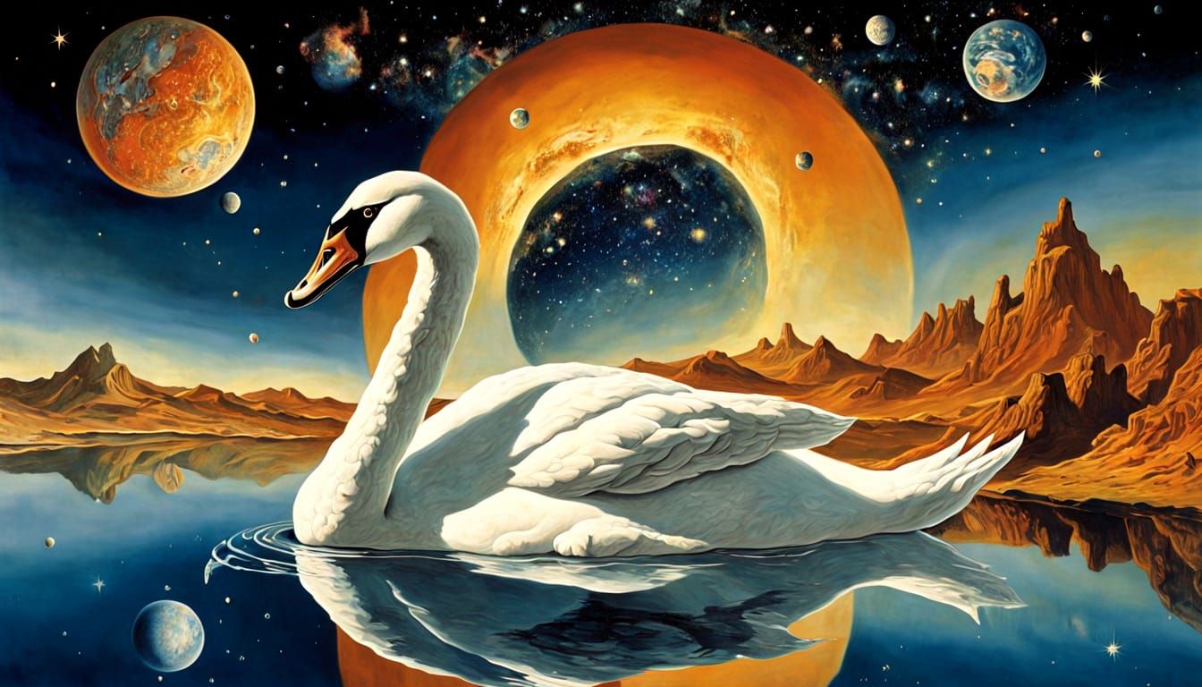 Majestic Swan Amidst Cosmic Ocean in Surrealist Style