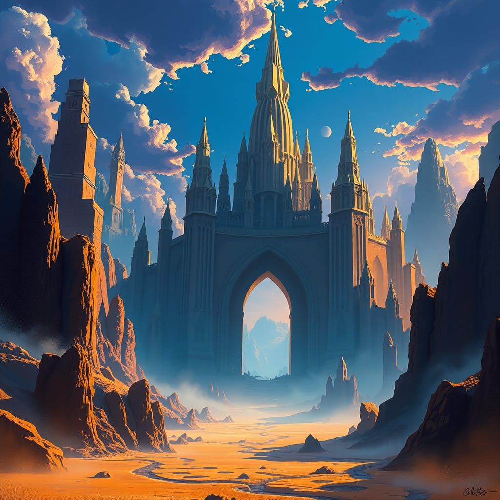 Majestic Dreamlike Landscape with Towering Spires and Sweepi...