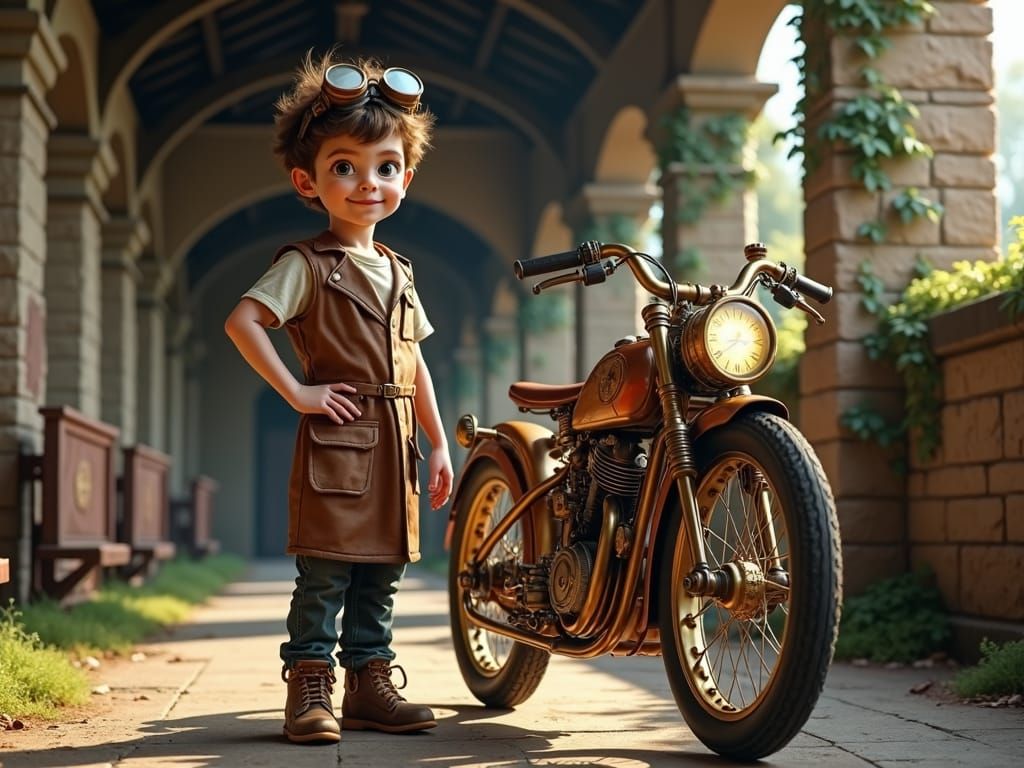 Boy and Steampunk Bike at Old Train Station