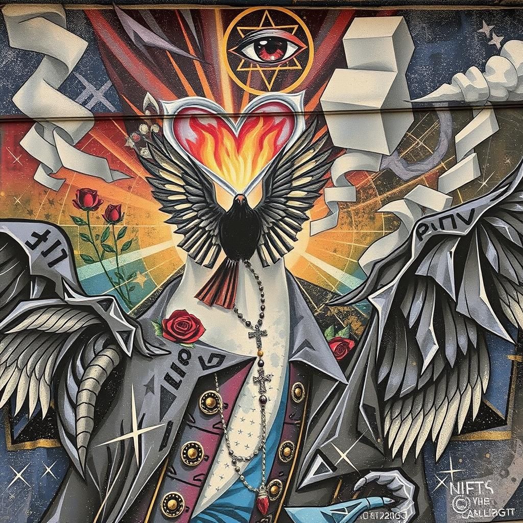 An artist creates  a Street art  graffiti mural Punk Faith, ...