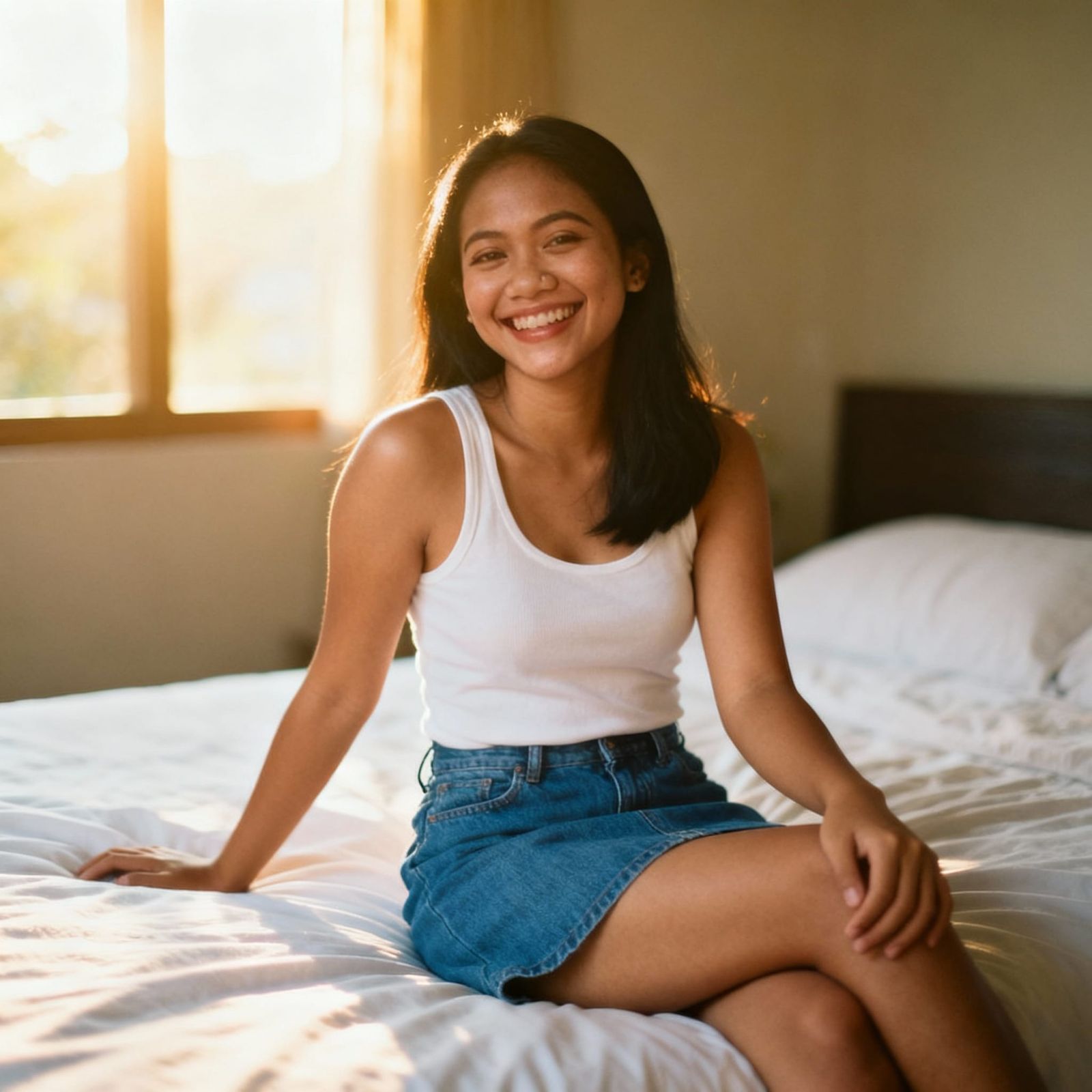 Happy Filipina Woman in Denim Skirt on Bed