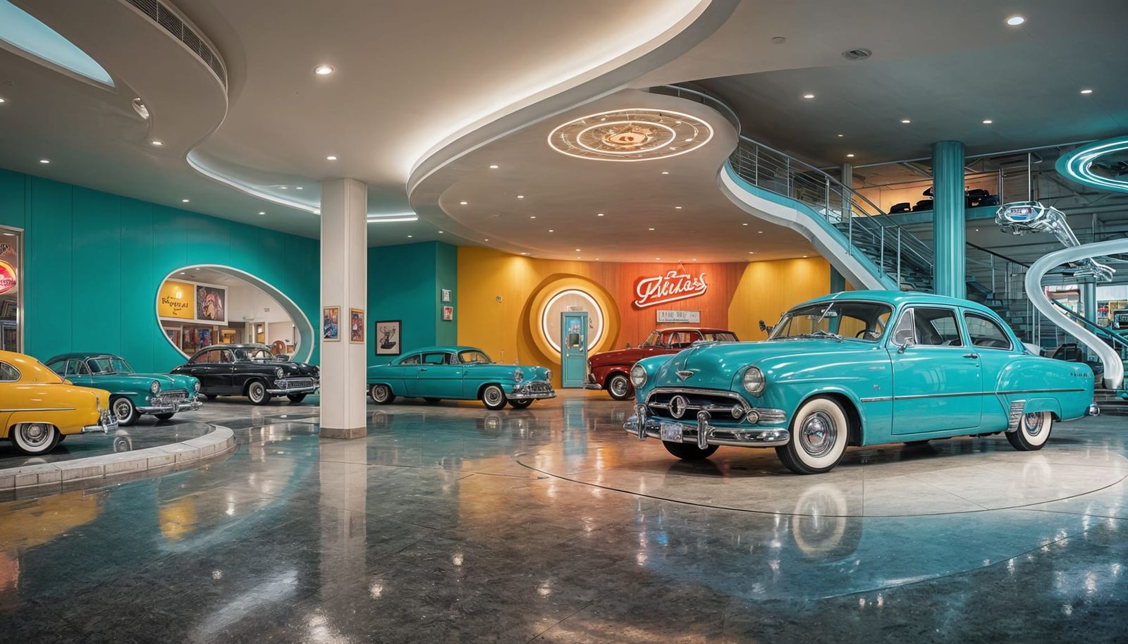 1950s Ford Showroom: Googie Architecture and Classic Cars