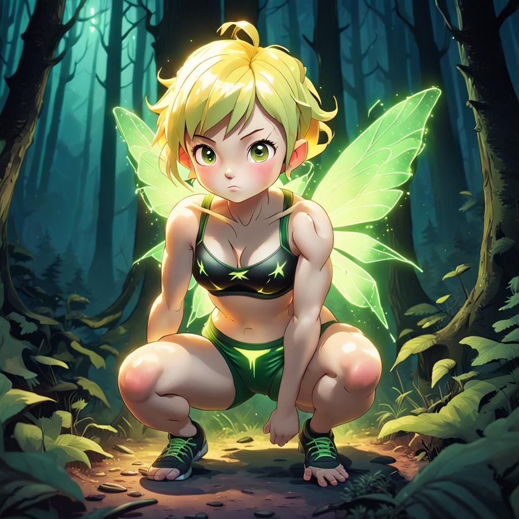 Muscular Fairy Squatting in Luminescent Forest