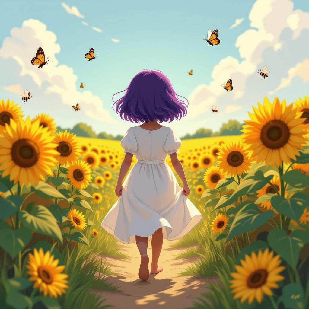 Girl in Sunflower Field, Fantasy Illustration