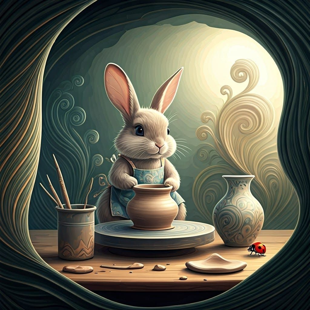 Bunny Rabbit Pottery with Ladybug in Digital Art