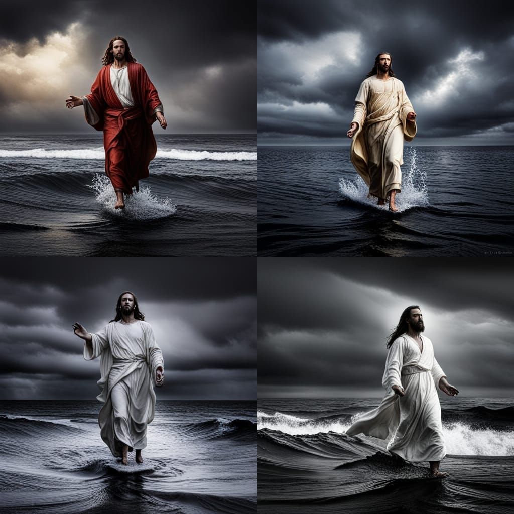 Hyperrealistic Jesus Walks on Water in Storm