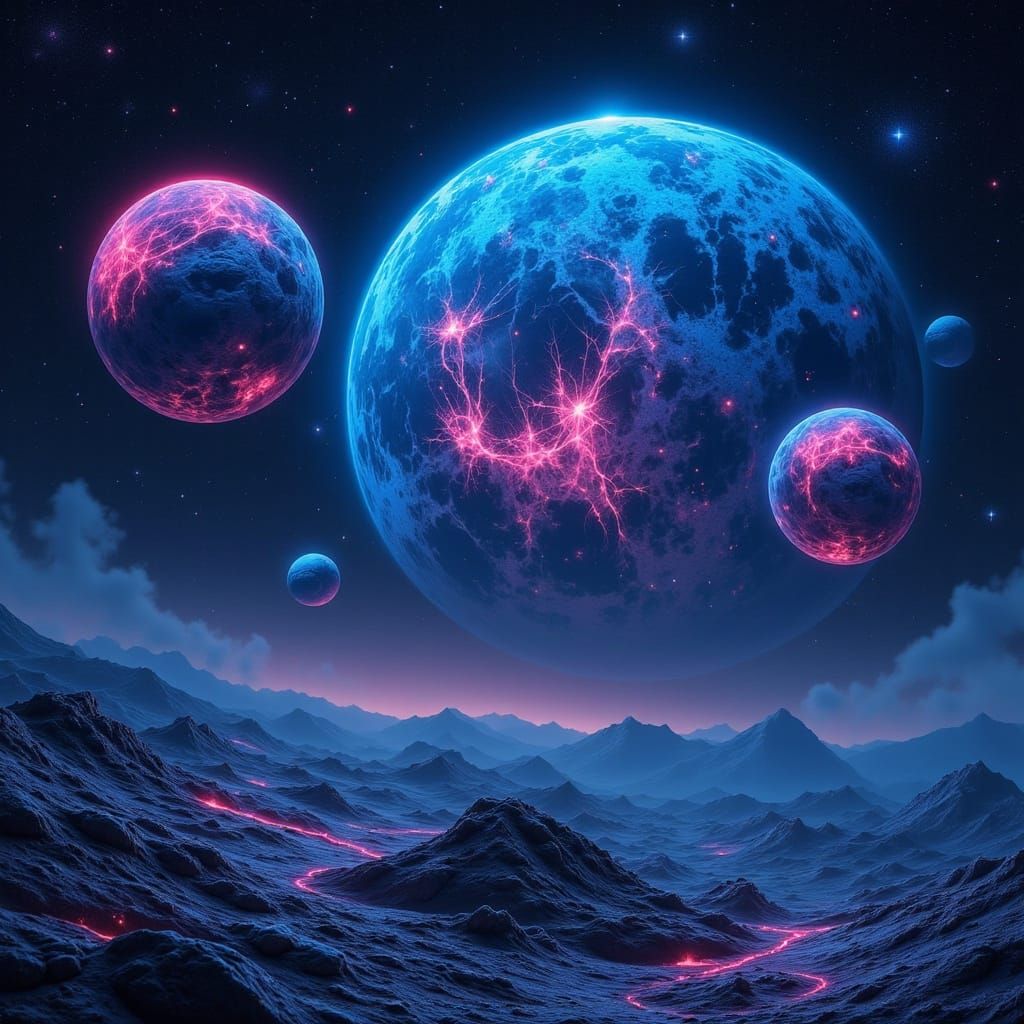Cosmic Surrealism: Three Glowing Moons Over Alien Asteroid