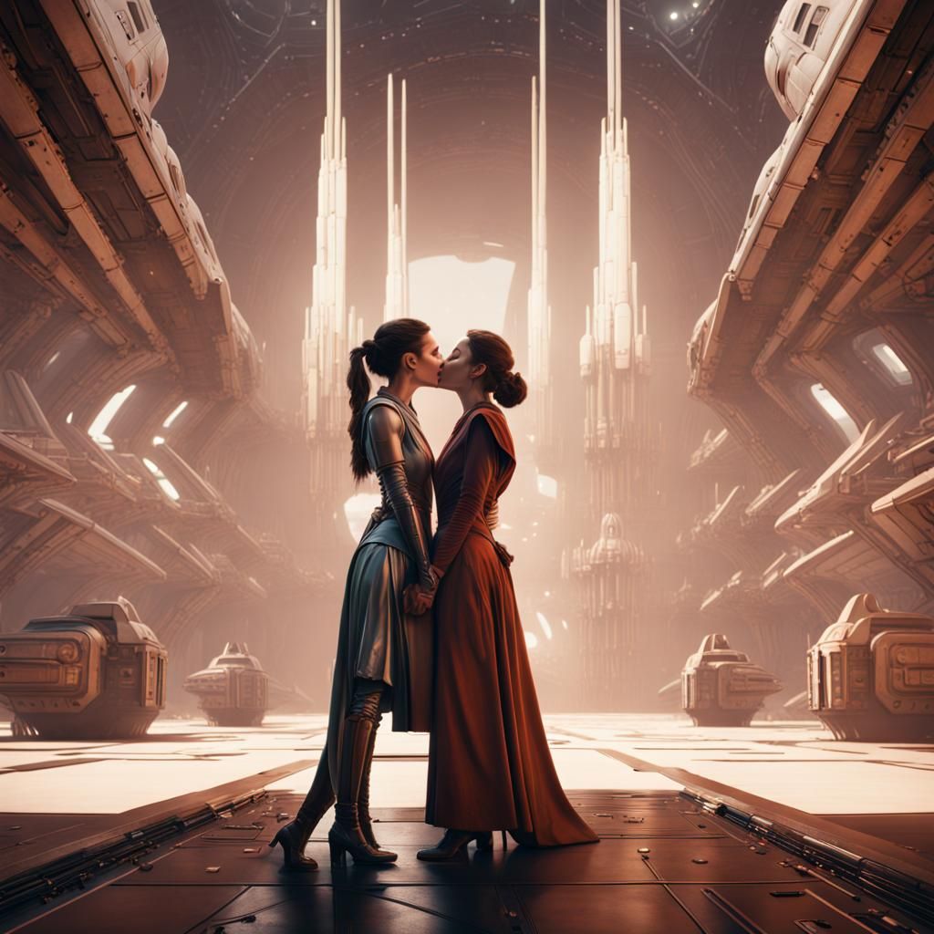 Romantic Kiss in a Star Wars Inspired Spaceport