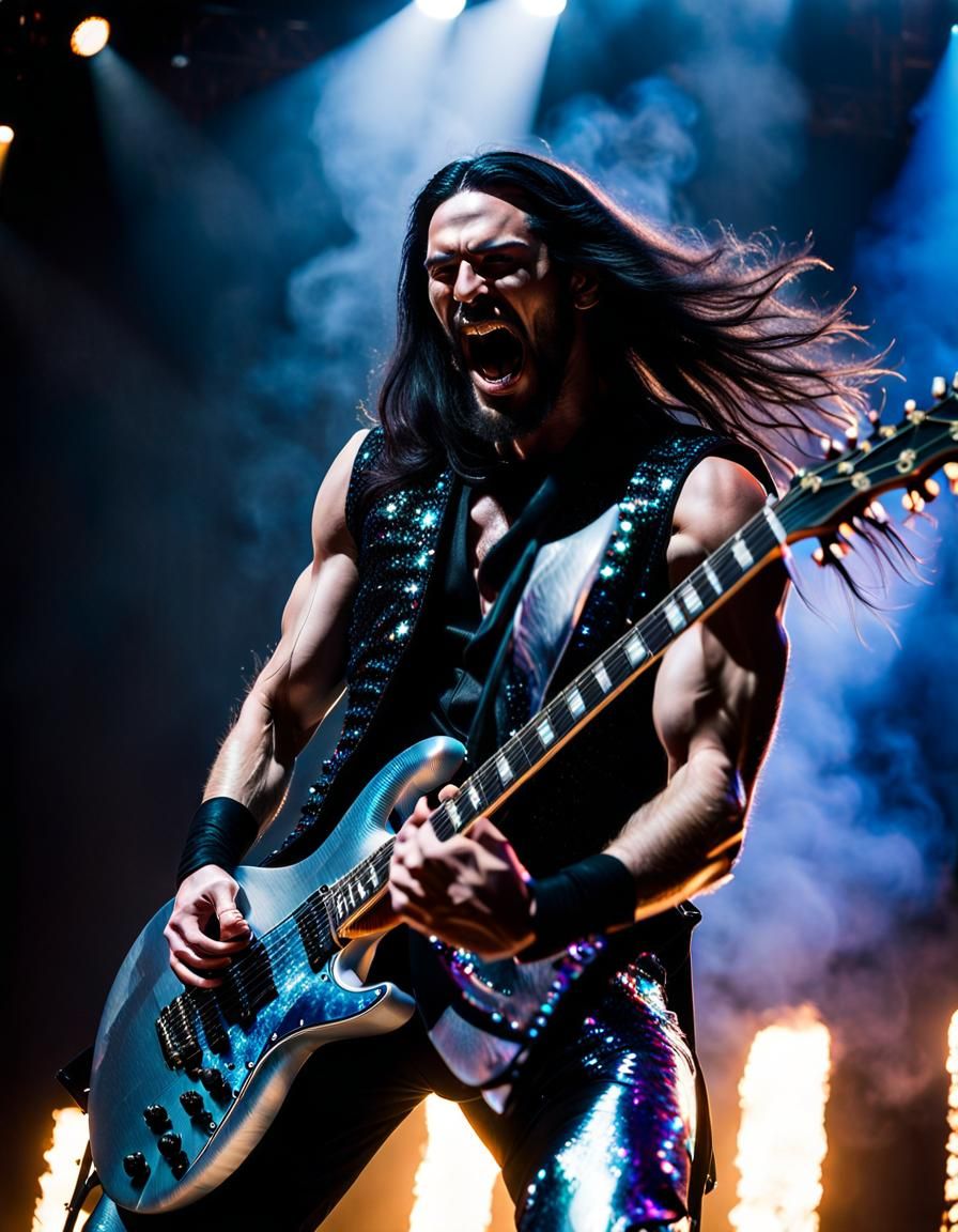Heavy Metal Guitarist in Concert, Hyperrealistic Photography