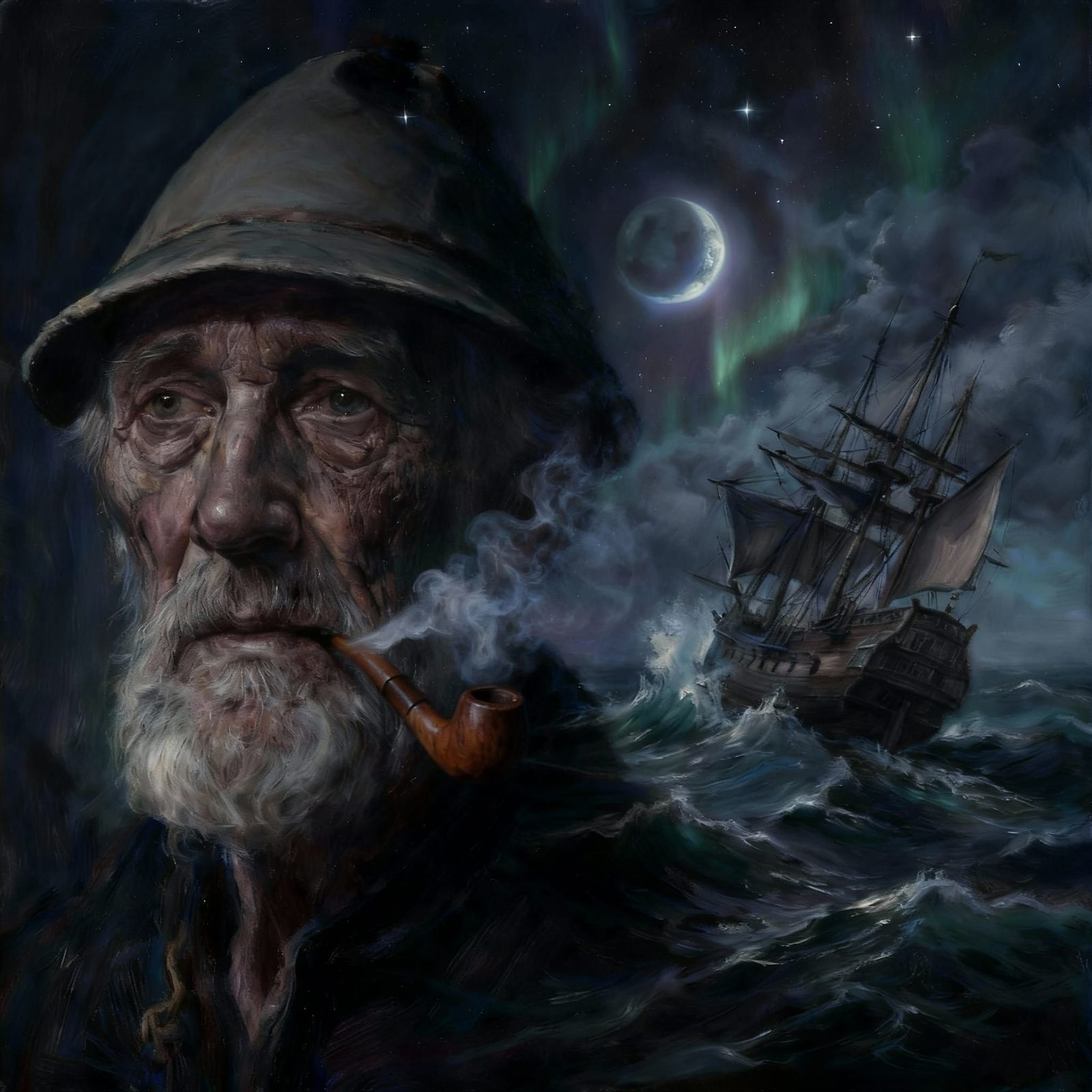 Dual Exposure Painting of Man, Ship, Ocean, and Space