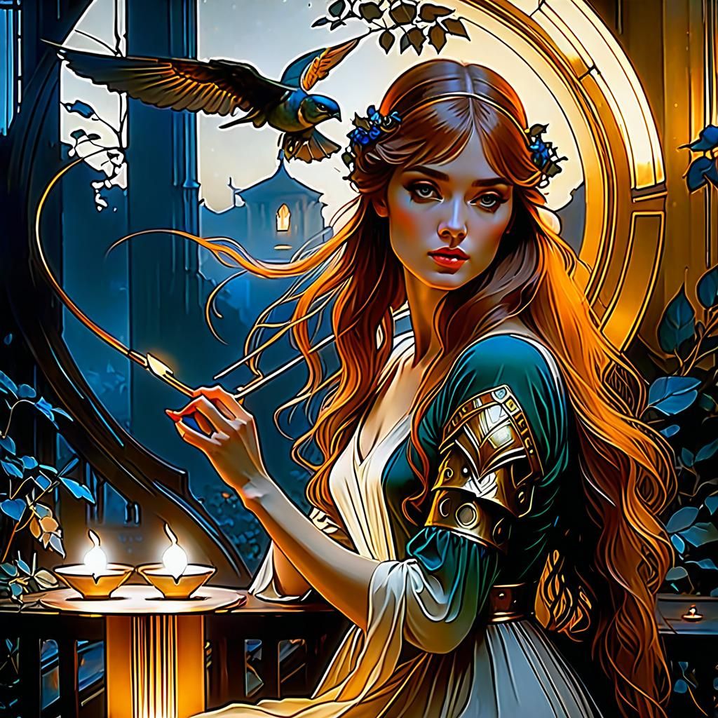 Romantic Girl by Candlelight in Pre-Raphaelite Style