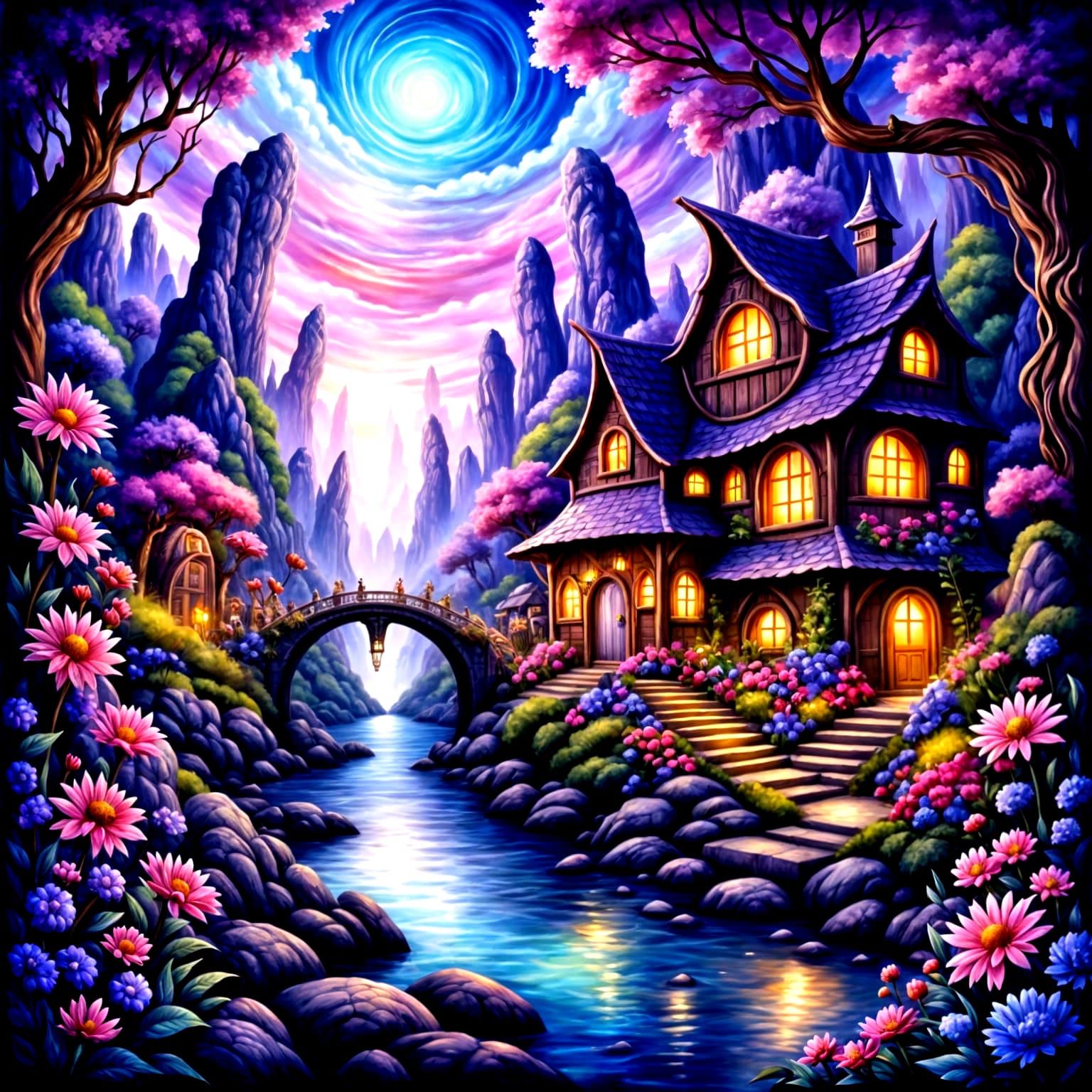 <lora:PinkWhimsy1-F:1.0> purple fantasy village, ultradetailed fantasy background