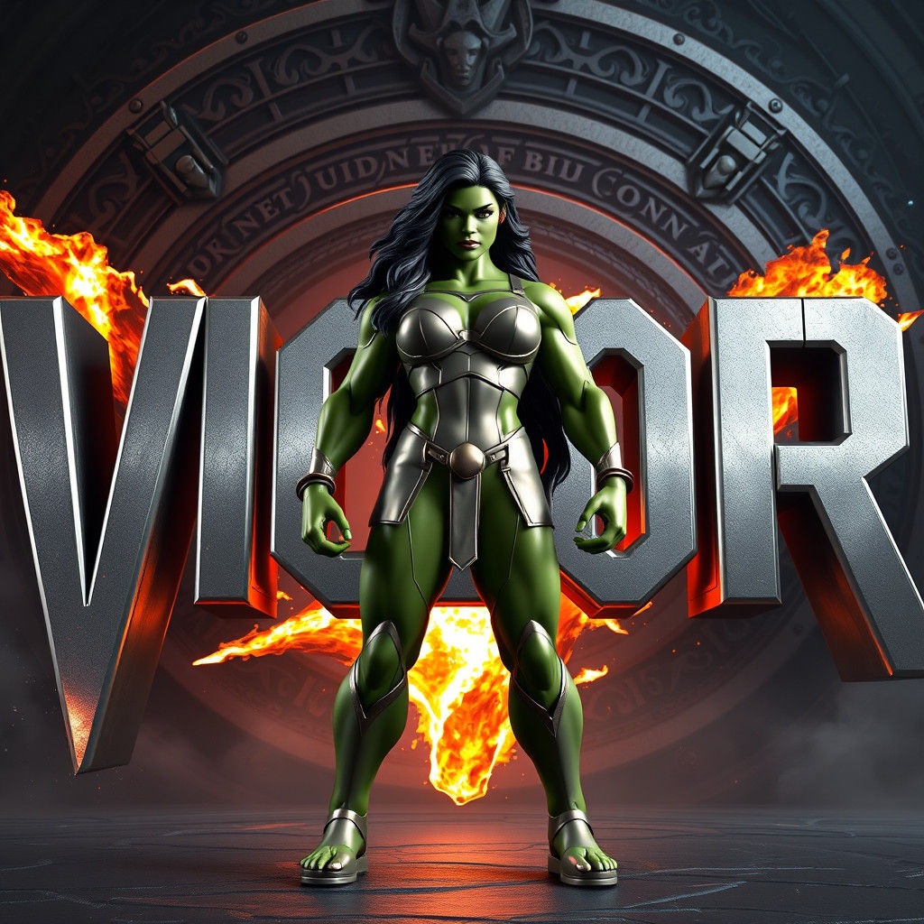 She-Hulk and Metallic Logo in Fantasy Art Style