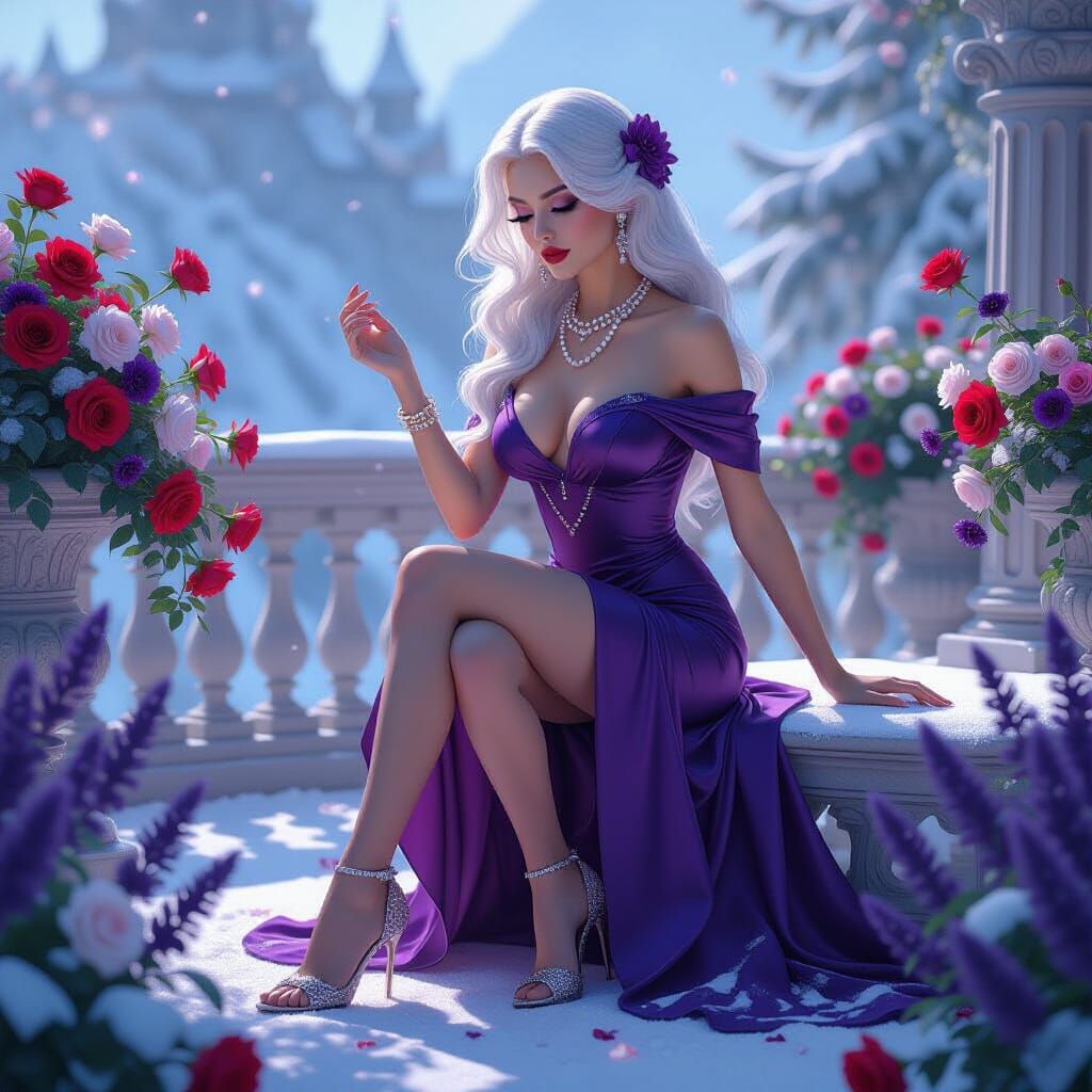 Elegant Woman in Purple Dress with White Hair Amidst Snowy F...
