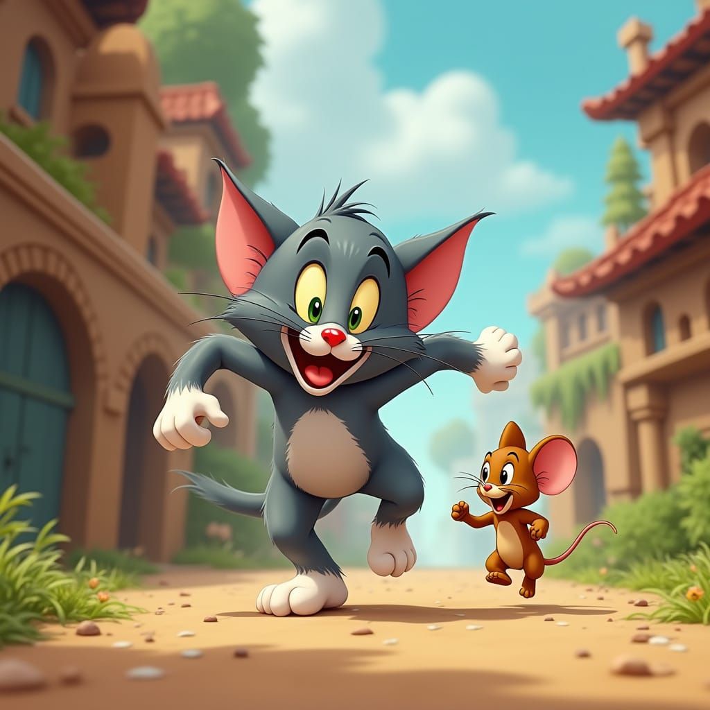 Cartoon Cat and Mouse Chase in Vibrant World