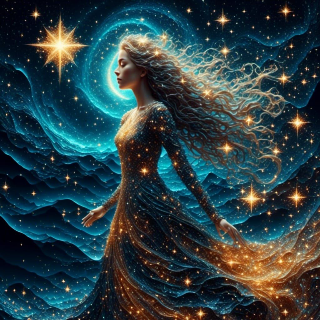 Woman Gazing at Starry Sky Fractal Illustration