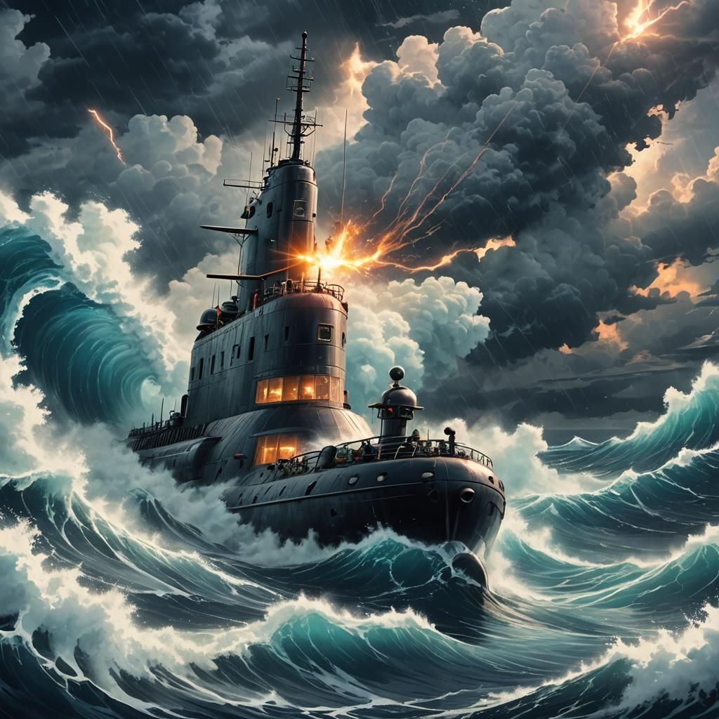 Submarine in Raging Ocean: Cinematic Anime Style