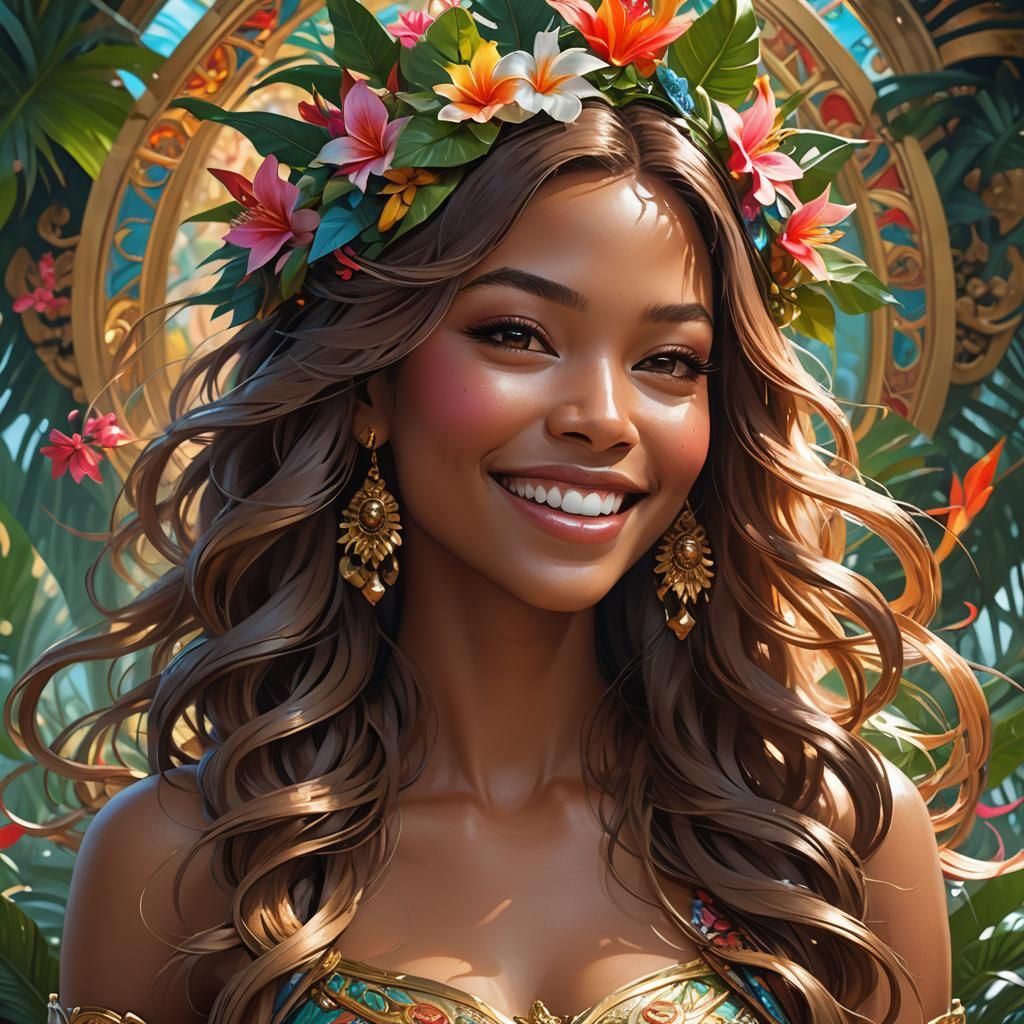 Tropical Island Goddess Portrait in Hyperdetailed Style