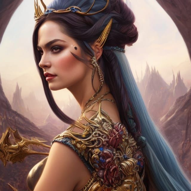 Female high elf, slim build, long straight gray hair, prominent pointed elf ears, metal armor, flawless eyes, intricate,...