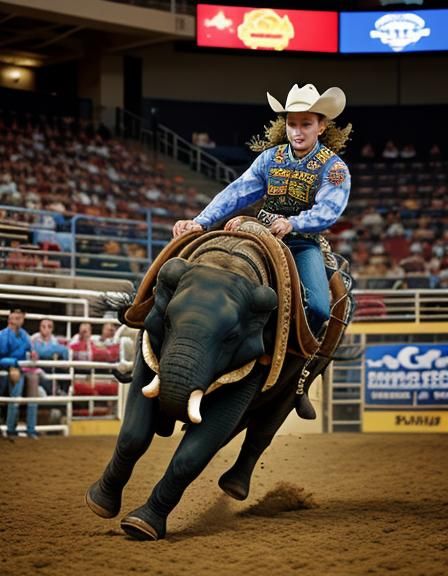 Rodeo Elephant Barrel Racing with Bull Rider