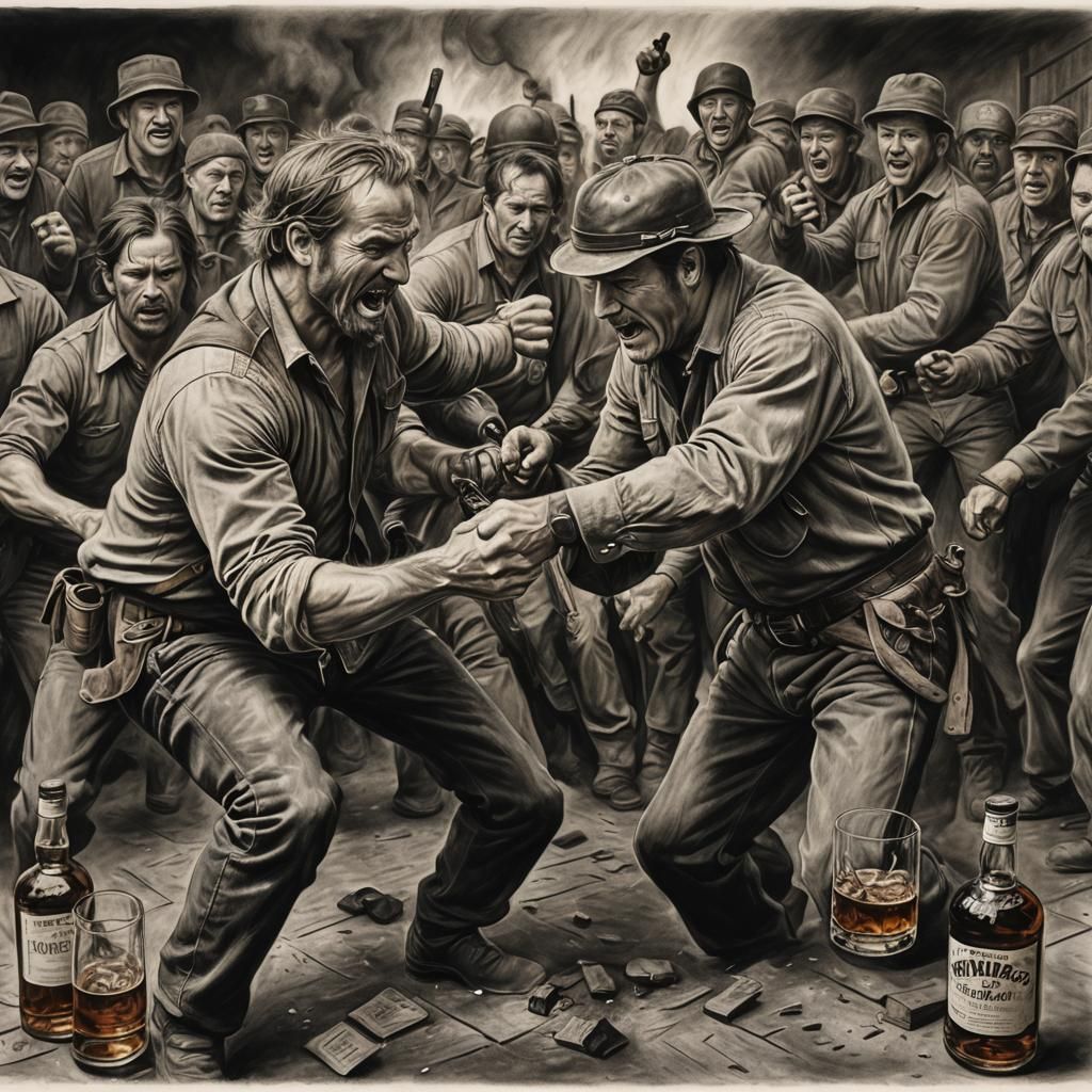 Whiskey and Fighting: Hyperdetailed Charcoal Sketch