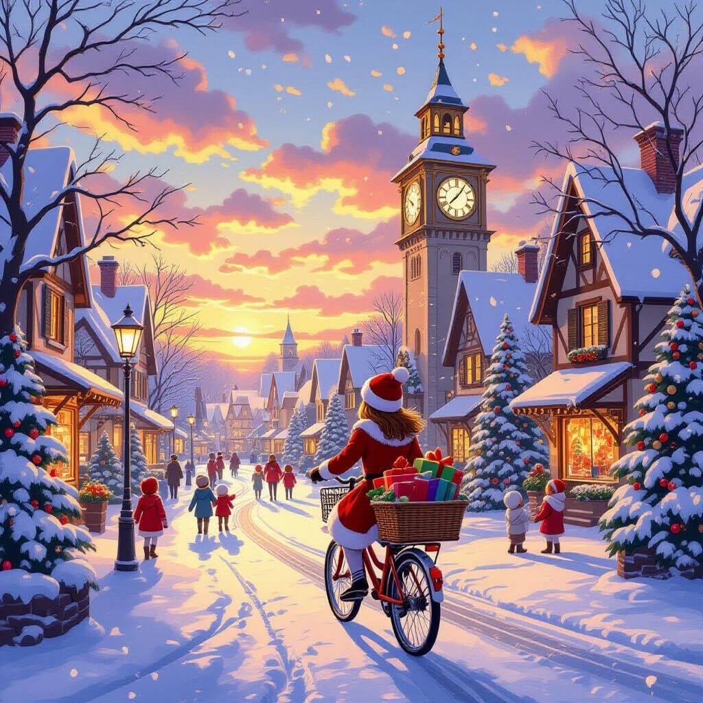 Girl Rides Bicycle Through Snowy Christmas Village at Sunset