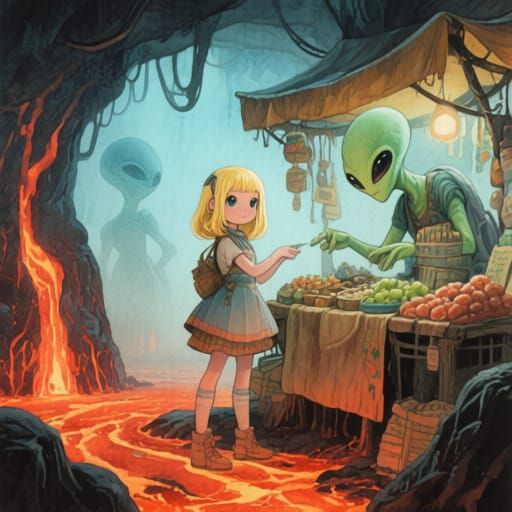 Alien Merchant in Lava Market, Watercolor Illustration