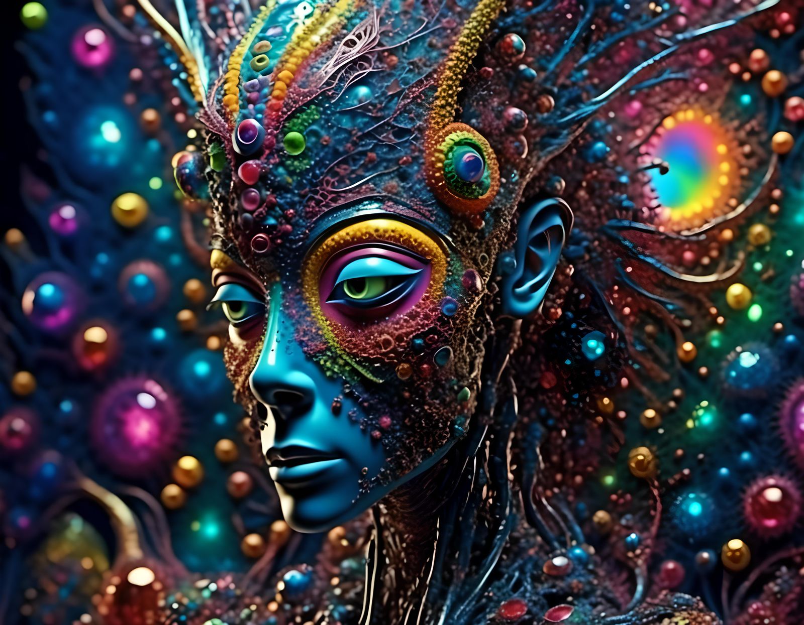 Bioluminescent Fractal Faces in Rainbow Hues