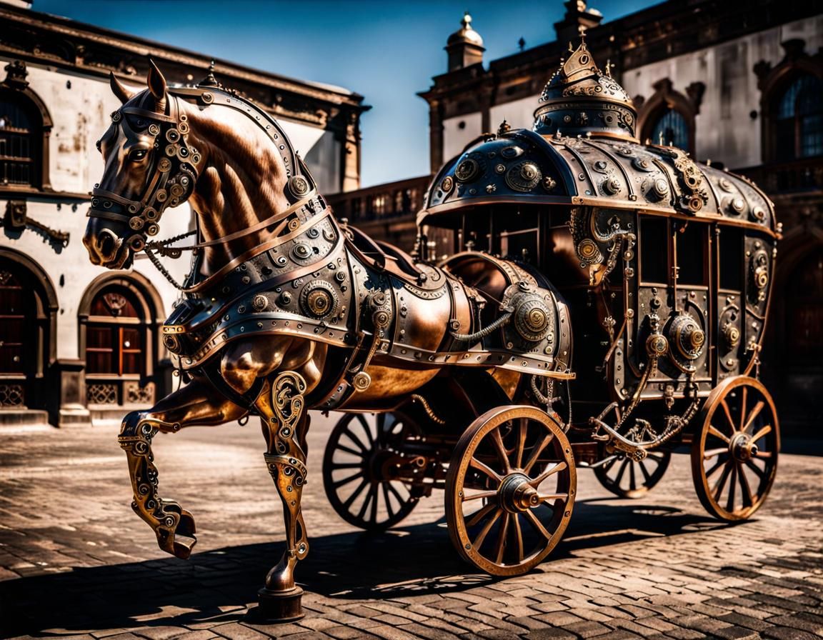 Steampunk Armored Horse and Wagon in Bronze and Steel