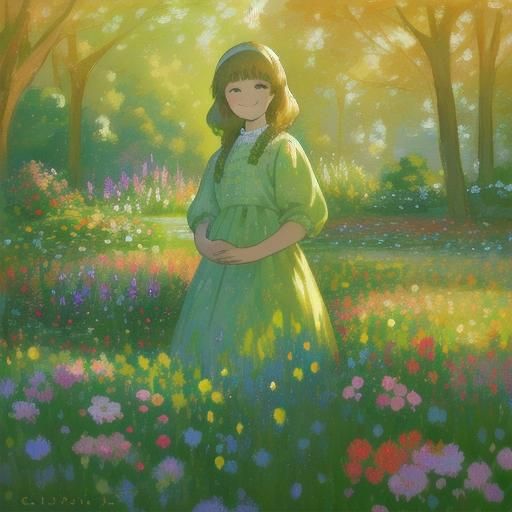 Woman Smiling in Lush Garden as Impressionist Oil Painting