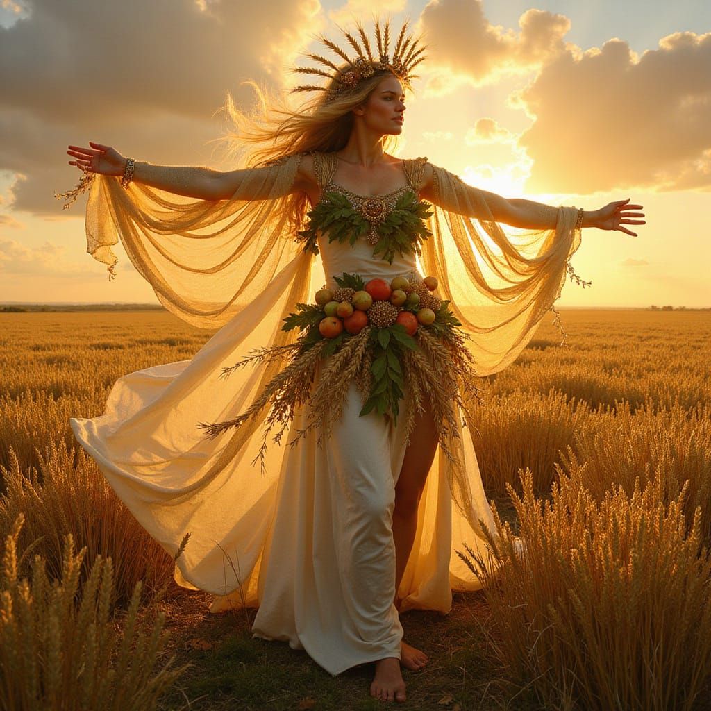 Goddess of Harvest in Pre-Raphaelite Style