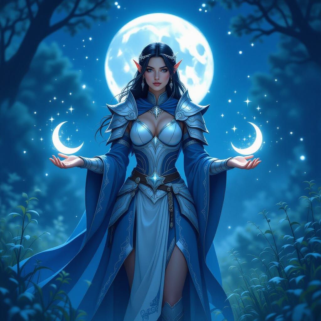 Moon Elf Cleric in Moonlit Glade as Digital Art