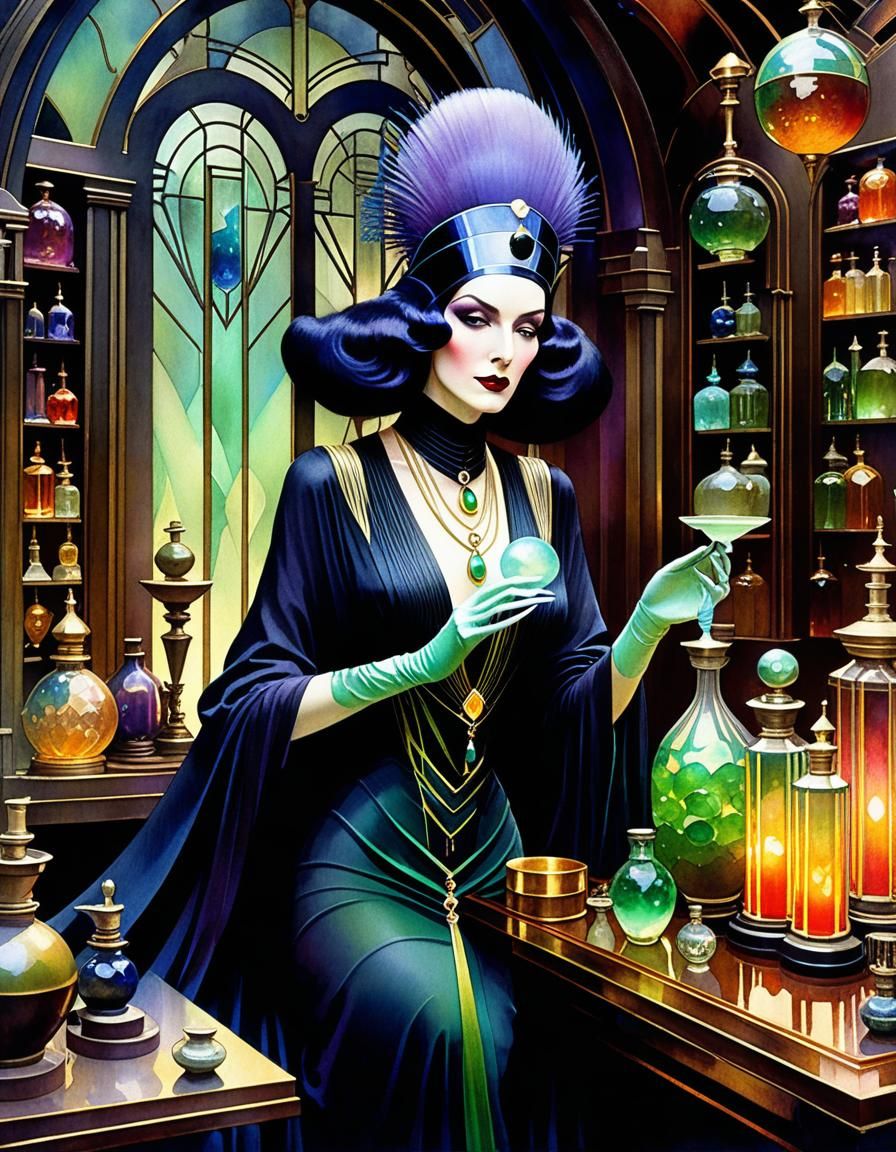 Art Deco Witch in a Hyperdetailed Laboratory