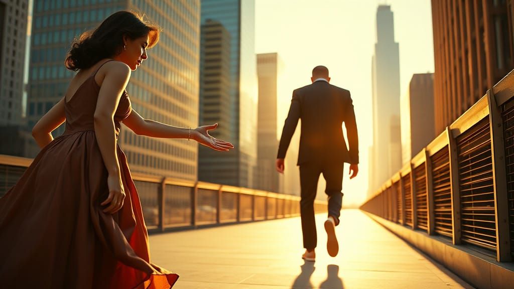 Elegant Woman Reaches for Love on a Sun-Drenched City Street