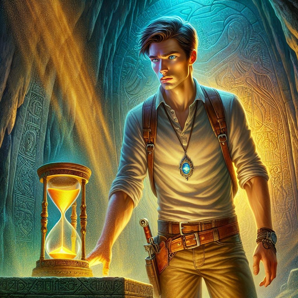 Young Adventurer Contemplates Ancient Hourglass in a Cave